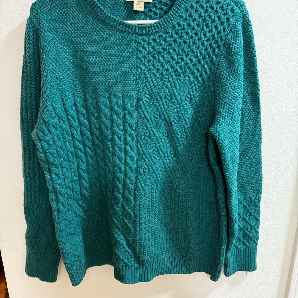 Appleseed's Womens Teal Green Mixed Cable Knit Patchwork Crewneck Sweater Medium